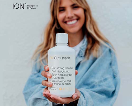 ION*Gut Health product shot with model pretty young woman
